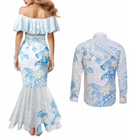 Polynesia Hammerhead Shark Couples Matching Mermaid Dress and Long Sleeve Button Shirt Tropical Flowers Tribal Pattern Blue