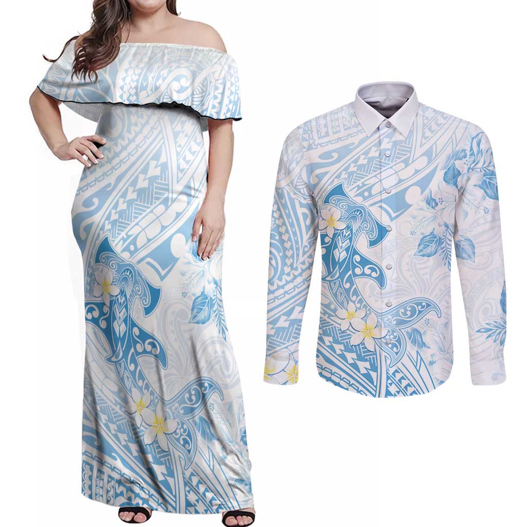 Polynesia Hammerhead Shark Couples Matching Off Shoulder Maxi Dress and Long Sleeve Button Shirt Tropical Flowers Tribal Pattern Blue