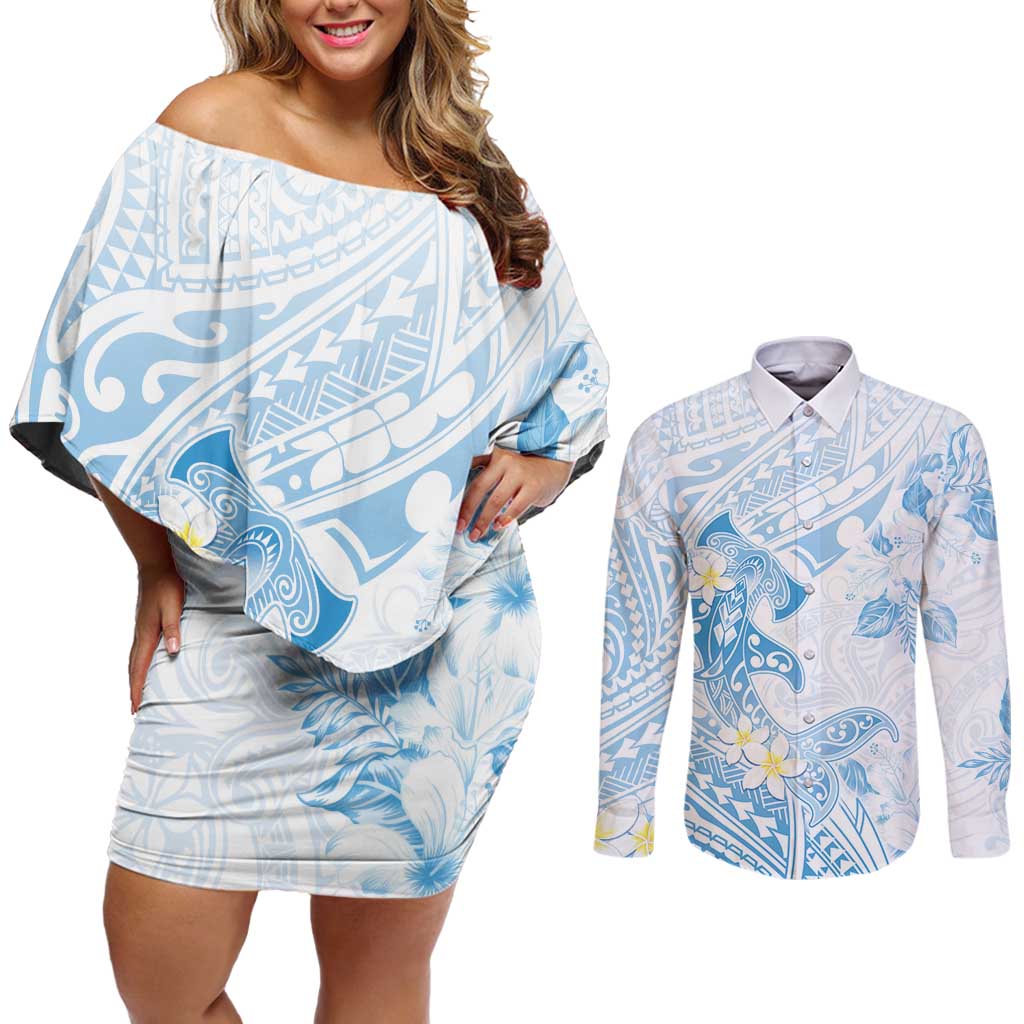 Polynesia Hammerhead Shark Couples Matching Off Shoulder Short Dress and Long Sleeve Button Shirt Tropical Flowers Tribal Pattern Blue