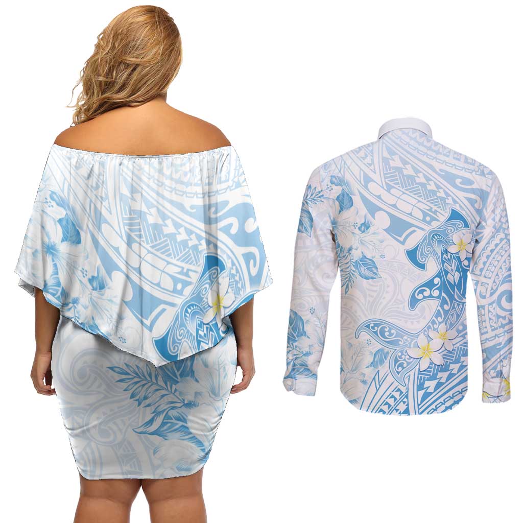 Polynesia Hammerhead Shark Couples Matching Off Shoulder Short Dress and Long Sleeve Button Shirt Tropical Flowers Tribal Pattern Blue
