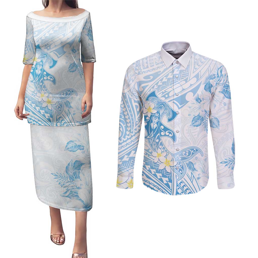 Polynesia Hammerhead Shark Couples Matching Puletasi and Long Sleeve Button Shirt Tropical Flowers Tribal Pattern Blue