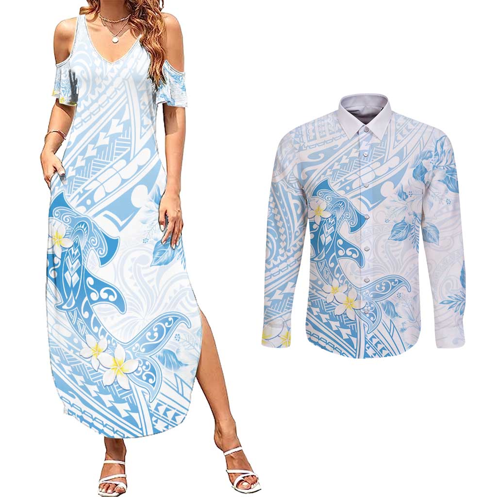 Polynesia Hammerhead Shark Couples Matching Summer Maxi Dress and Long Sleeve Button Shirt Tropical Flowers Tribal Pattern Blue