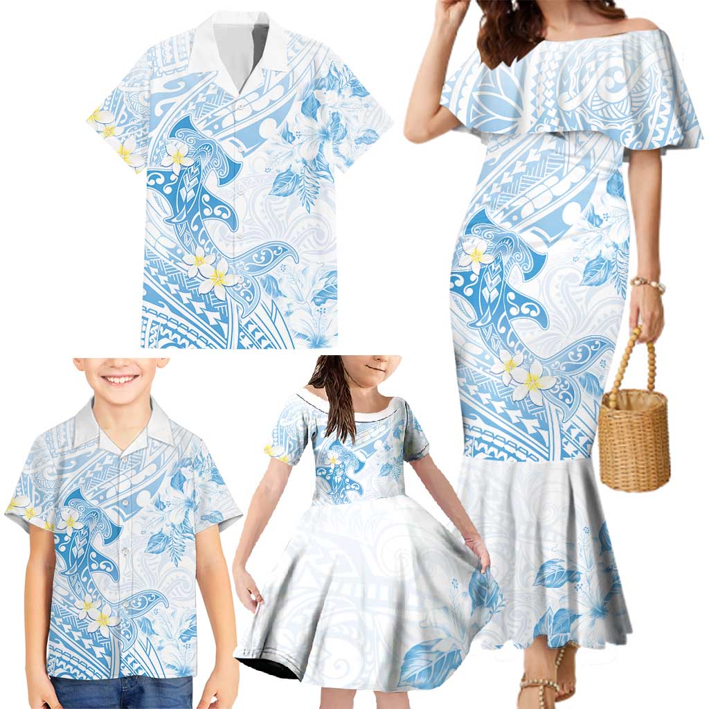 Polynesia Hammerhead Shark Family Matching Mermaid Dress and Hawaiian Shirt Tropical Flowers Tribal Pattern Blue LT05 - Polynesian Pride
