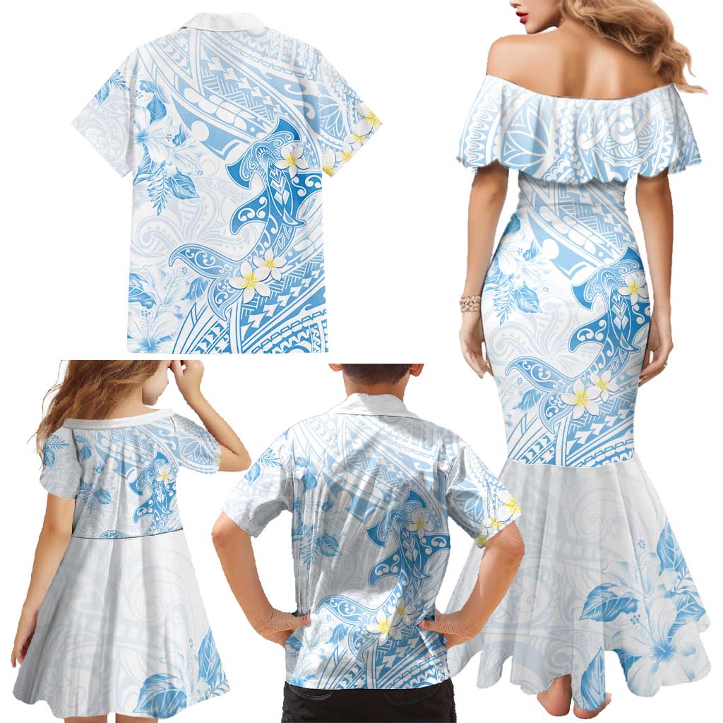 Polynesia Hammerhead Shark Family Matching Mermaid Dress and Hawaiian Shirt Tropical Flowers Tribal Pattern Blue LT05 - Polynesian Pride