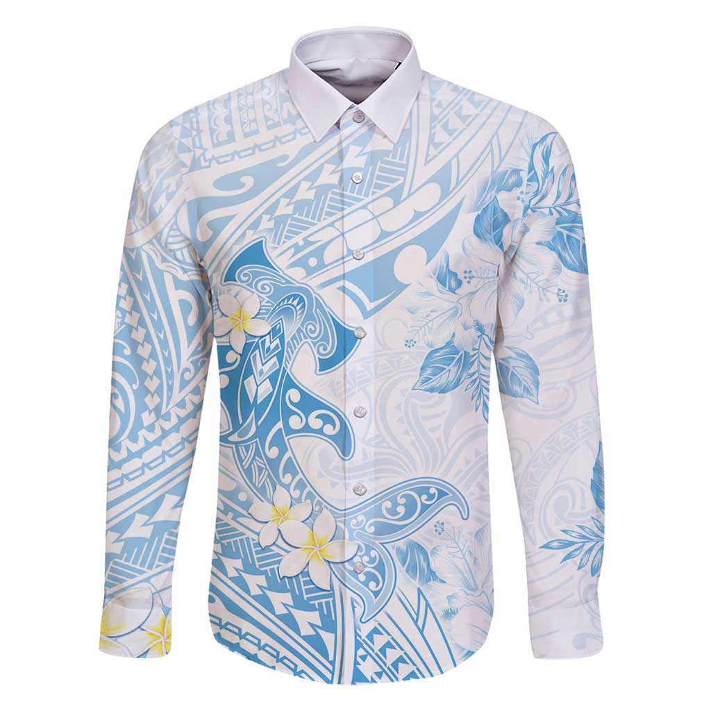 Polynesia Hammerhead Shark Family Matching Mermaid Dress and Hawaiian Shirt Tropical Flowers Tribal Pattern Blue LT05 Dad's Shirt - Long Sleeve Blue - Polynesian Pride
