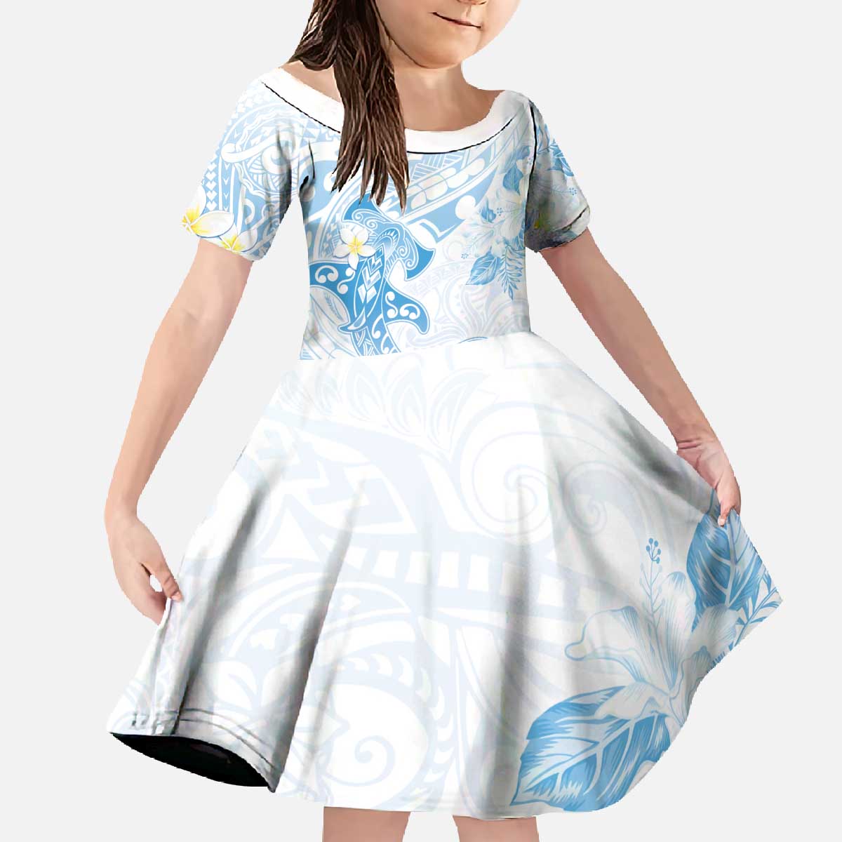 Polynesia Hammerhead Shark Family Matching Off The Shoulder Long Sleeve Dress and Hawaiian Shirt Tropical Flowers Tribal Pattern Blue LT05 Daughter's Dress Blue - Polynesian Pride