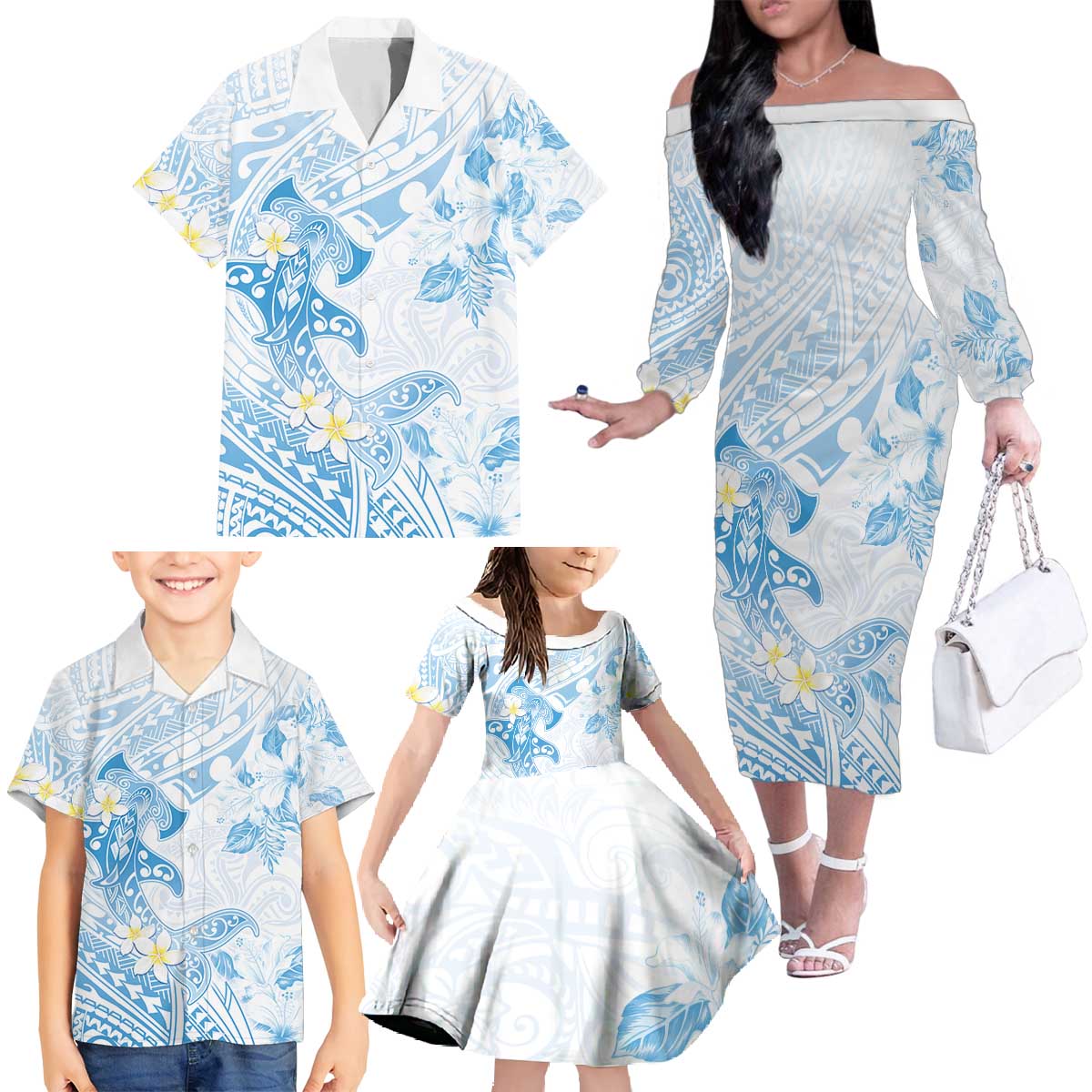 Polynesia Hammerhead Shark Family Matching Off The Shoulder Long Sleeve Dress and Hawaiian Shirt Tropical Flowers Tribal Pattern Blue LT05 - Polynesian Pride