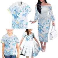 Polynesia Hammerhead Shark Family Matching Off The Shoulder Long Sleeve Dress and Hawaiian Shirt Tropical Flowers Tribal Pattern Blue LT05 - Polynesian Pride