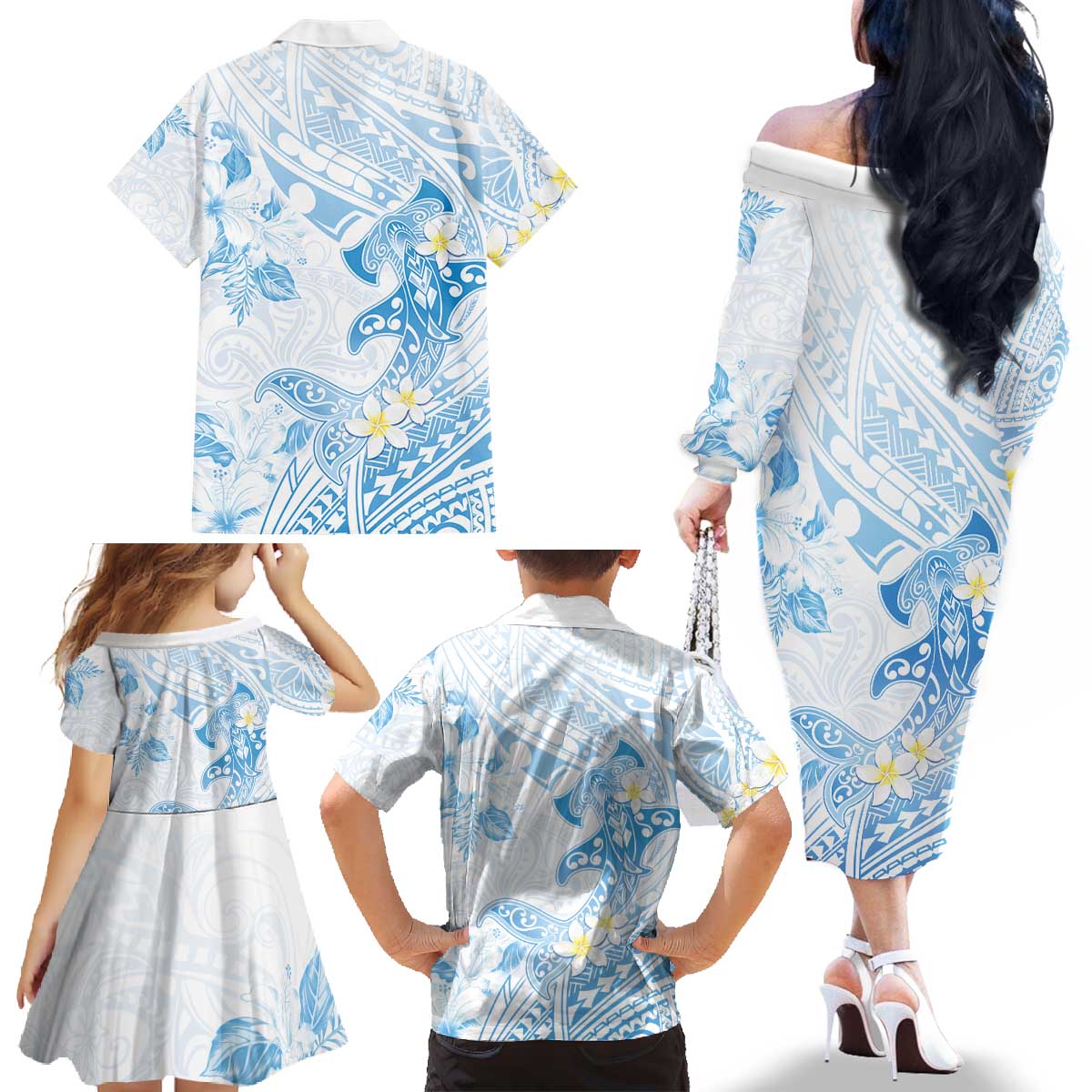 Polynesia Hammerhead Shark Family Matching Off The Shoulder Long Sleeve Dress and Hawaiian Shirt Tropical Flowers Tribal Pattern Blue LT05 - Polynesian Pride