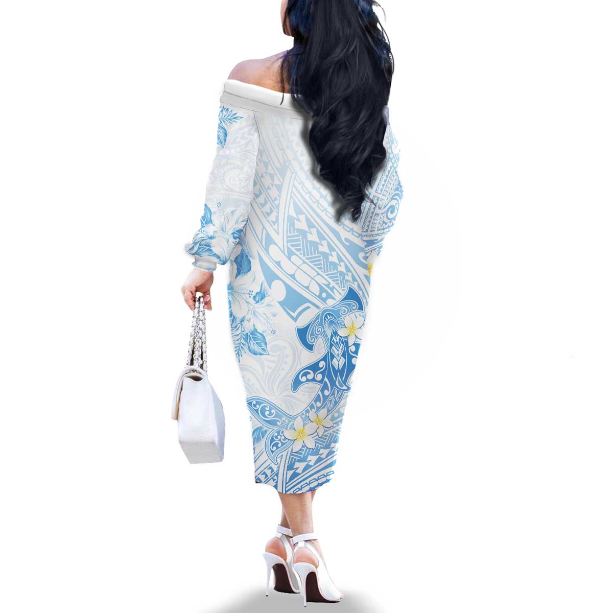 Polynesia Hammerhead Shark Family Matching Off The Shoulder Long Sleeve Dress and Hawaiian Shirt Tropical Flowers Tribal Pattern Blue LT05 - Polynesian Pride