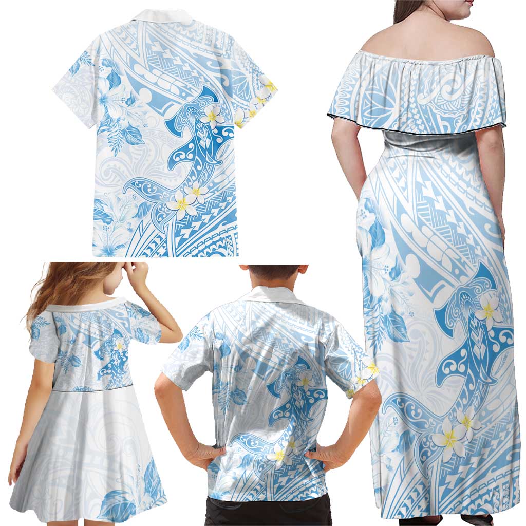 Polynesia Hammerhead Shark Family Matching Off Shoulder Maxi Dress and Hawaiian Shirt Tropical Flowers Tribal Pattern Blue LT05 - Polynesian Pride