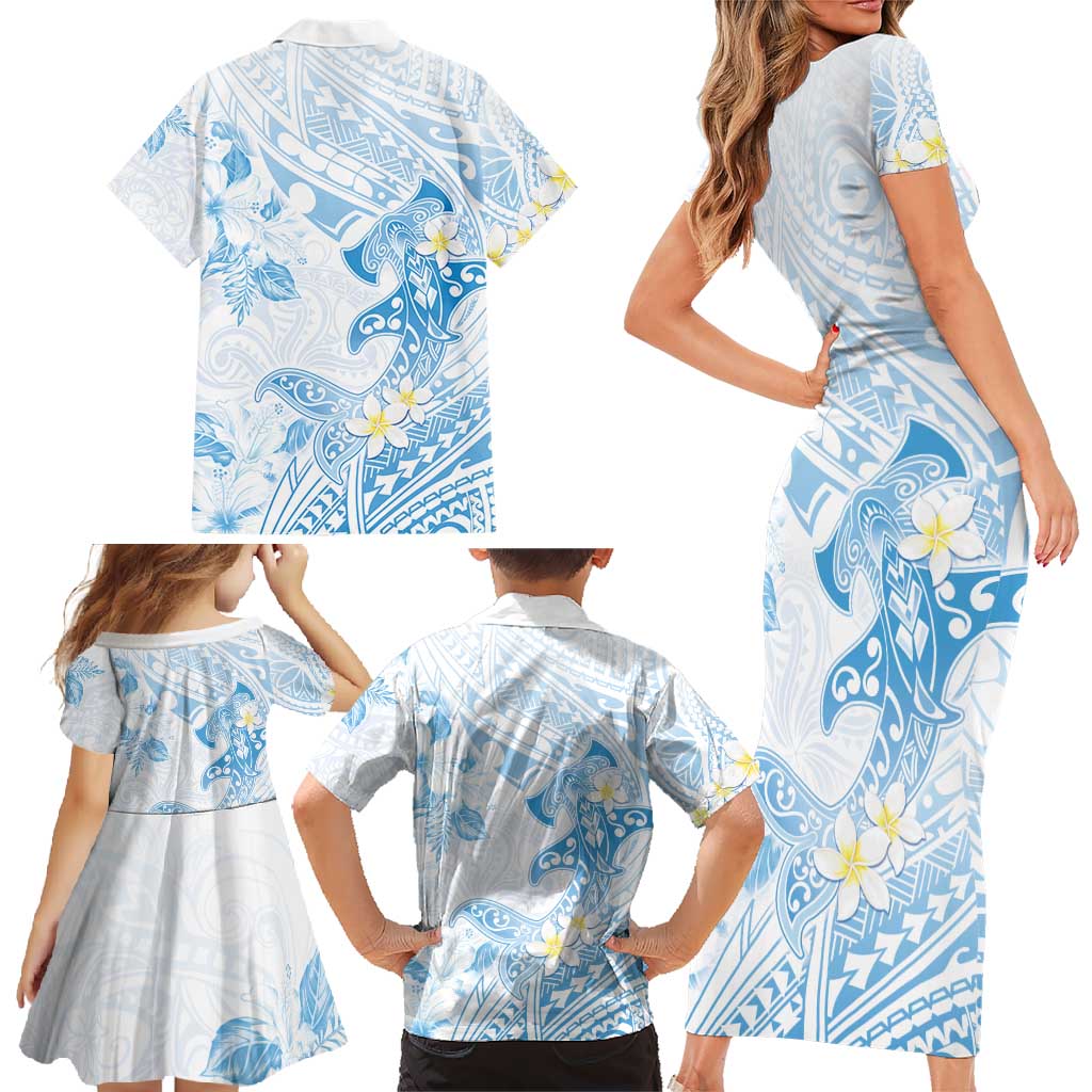 Polynesia Hammerhead Shark Family Matching Short Sleeve Bodycon Dress and Hawaiian Shirt Tropical Flowers Tribal Pattern Blue