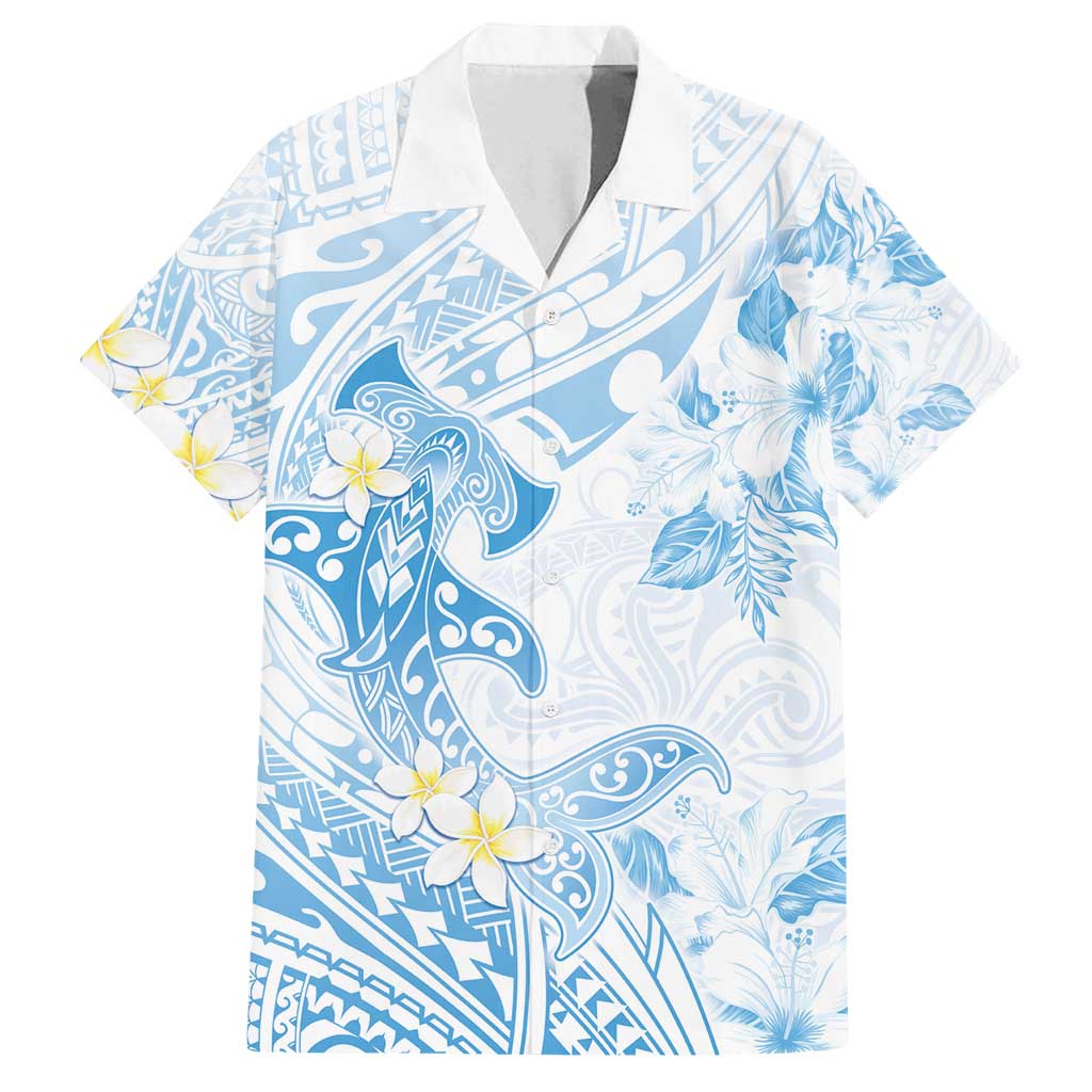 Polynesia Hammerhead Shark Family Matching Summer Maxi Dress and Hawaiian Shirt Tropical Flowers Tribal Pattern Blue