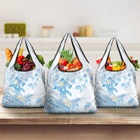 Polynesia Hammerhead Shark Grocery Bag Tropical Flowers Tribal Pattern Blue
