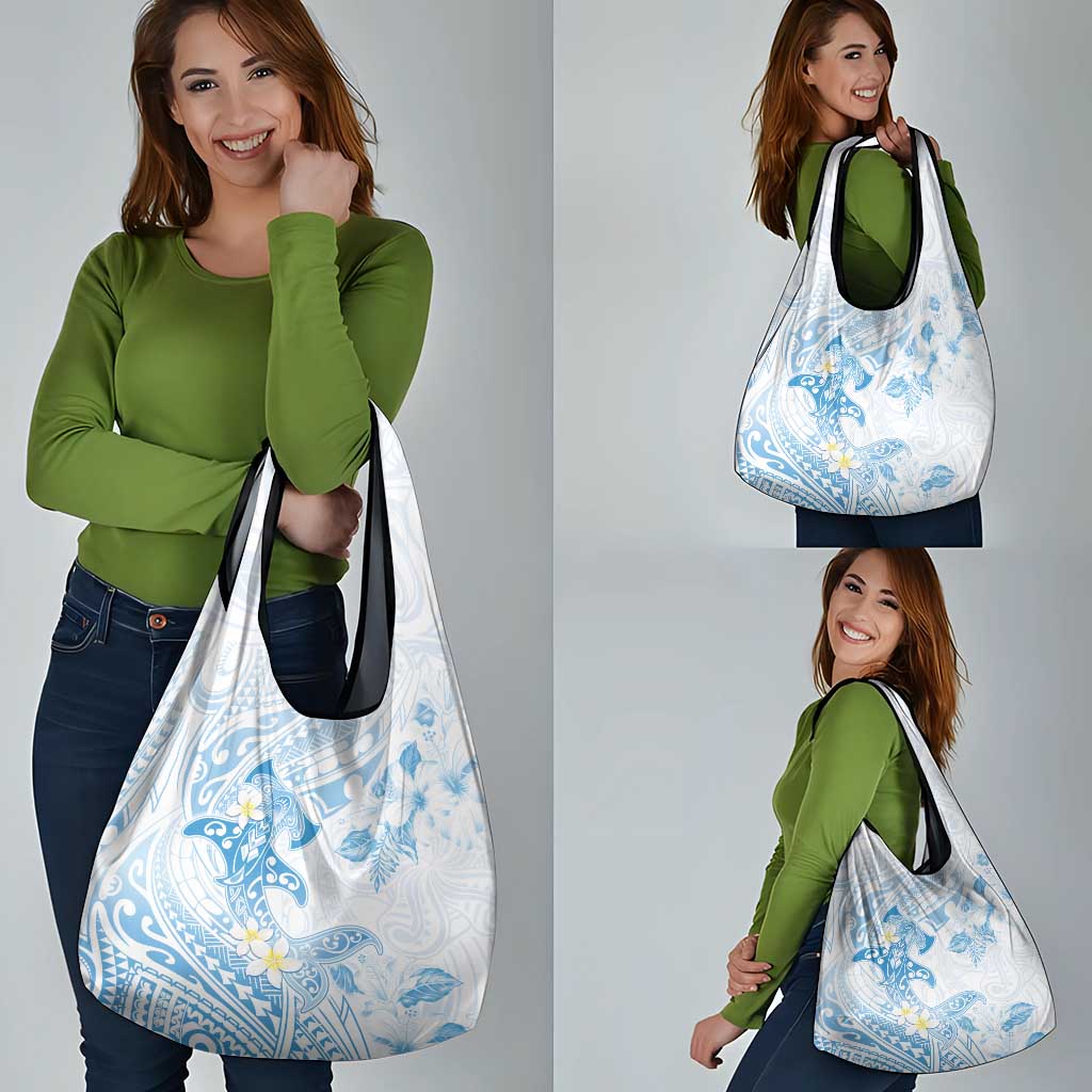 Polynesia Hammerhead Shark Grocery Bag Tropical Flowers Tribal Pattern Blue