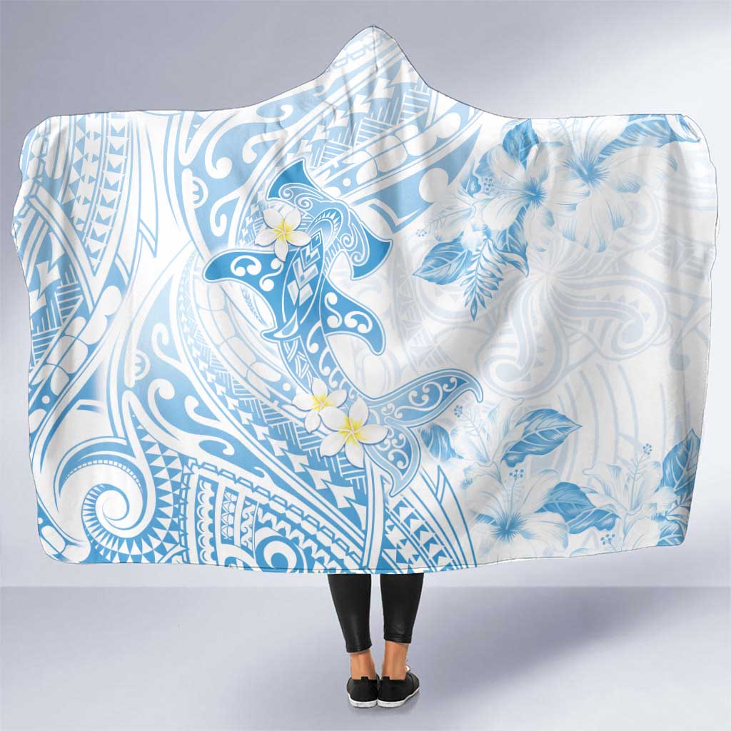 Polynesia Hammerhead Shark Hooded Blanket Tropical Flowers Tribal Pattern Blue LT05 One Size Blue - Polynesian Pride