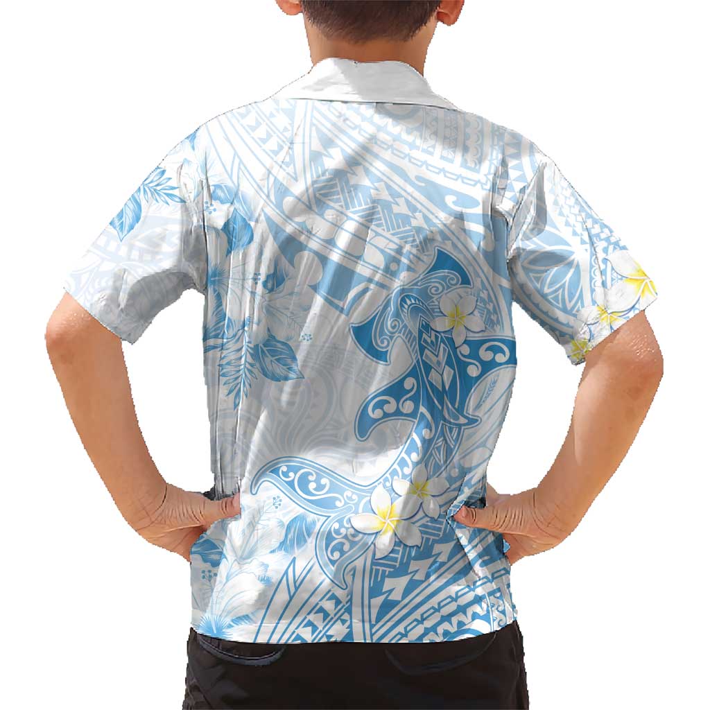 Polynesia Hammerhead Shark Kid Hawaiian Shirt Tropical Flowers Tribal Pattern Blue LT05 - Polynesian Pride