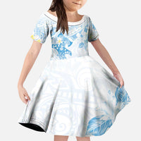 Polynesia Hammerhead Shark Kid Short Sleeve Dress Tropical Flowers Tribal Pattern Blue