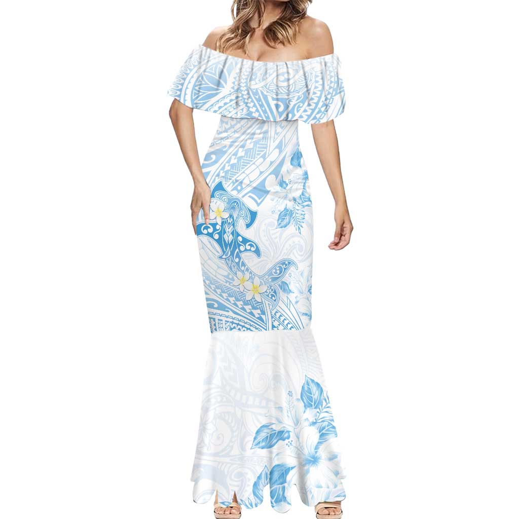 Polynesia Hammerhead Shark Mermaid Dress Tropical Flowers Tribal Pattern Blue