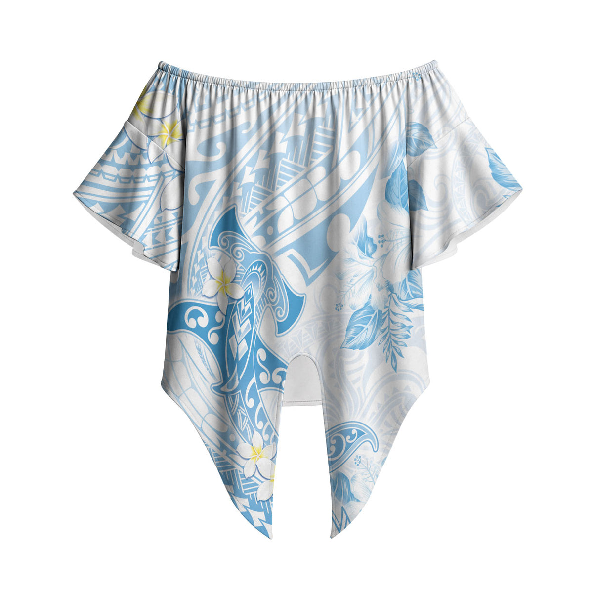 Polynesia Hammerhead Shark Off Shoulder Wrap Waist Top Tropical Flowers Tribal Pattern Blue LT05 Blue - Polynesian Pride