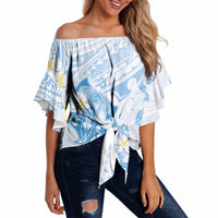 Polynesia Hammerhead Shark Off Shoulder Wrap Waist Top Tropical Flowers Tribal Pattern Blue LT05 - Polynesian Pride