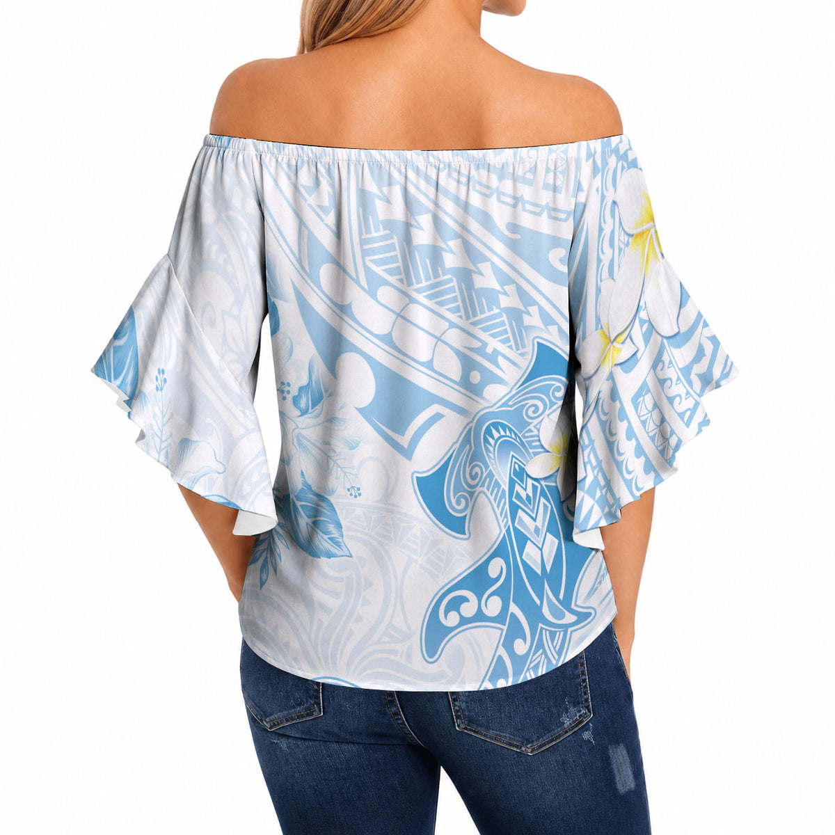 Polynesia Hammerhead Shark Off Shoulder Wrap Waist Top Tropical Flowers Tribal Pattern Blue LT05 - Polynesian Pride