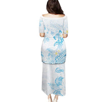 Polynesia Hammerhead Shark Puletasi Tropical Flowers Tribal Pattern Blue