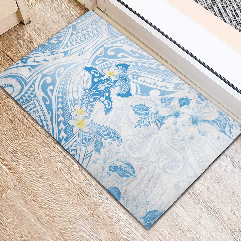 Polynesia Hammerhead Shark Rubber Doormat Tropical Flowers Tribal Pattern Blue