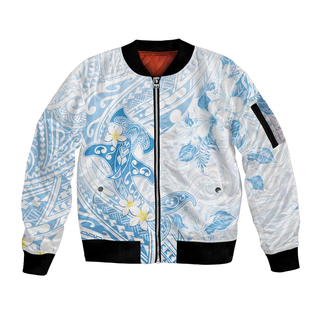 Polynesia Hammerhead Shark Sleeve Zip Bomber Jacket Tropical Flowers Tribal Pattern Blue LT05 Unisex Blue - Polynesian Pride