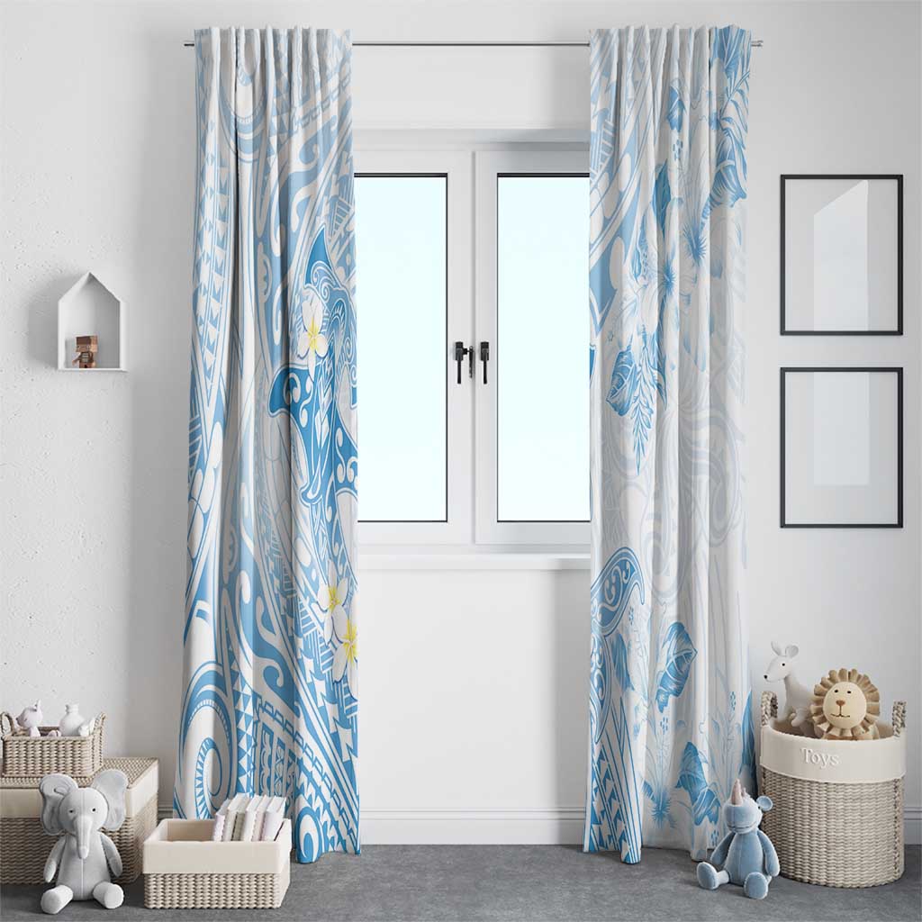 Polynesia Hammerhead Shark Window Curtain Tropical Flowers Tribal Pattern Blue
