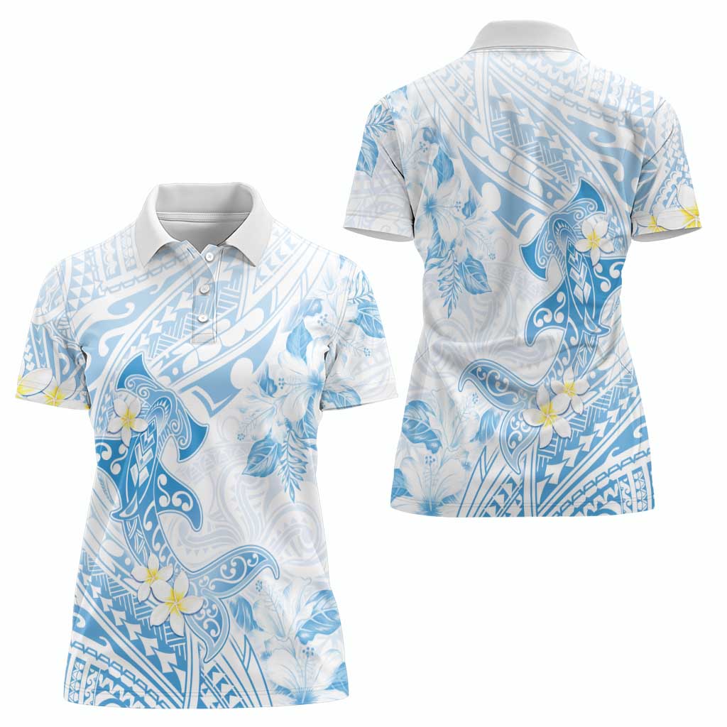 Polynesia Hammerhead Shark Women Polo Shirt Tropical Flowers Tribal Pattern Blue