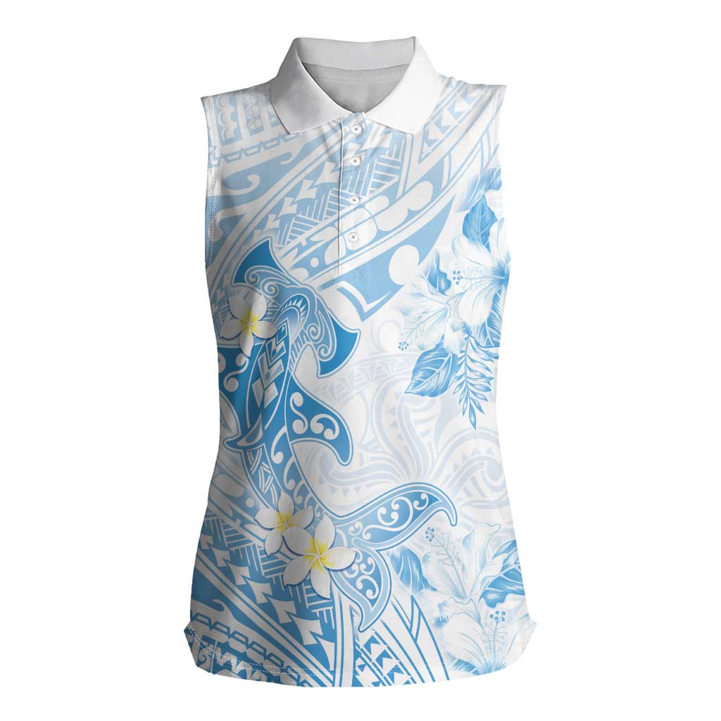Polynesia Hammerhead Shark Women Sleeveless Polo Shirt Tropical Flowers Tribal Pattern Blue LT05 Female Blue - Polynesian Pride