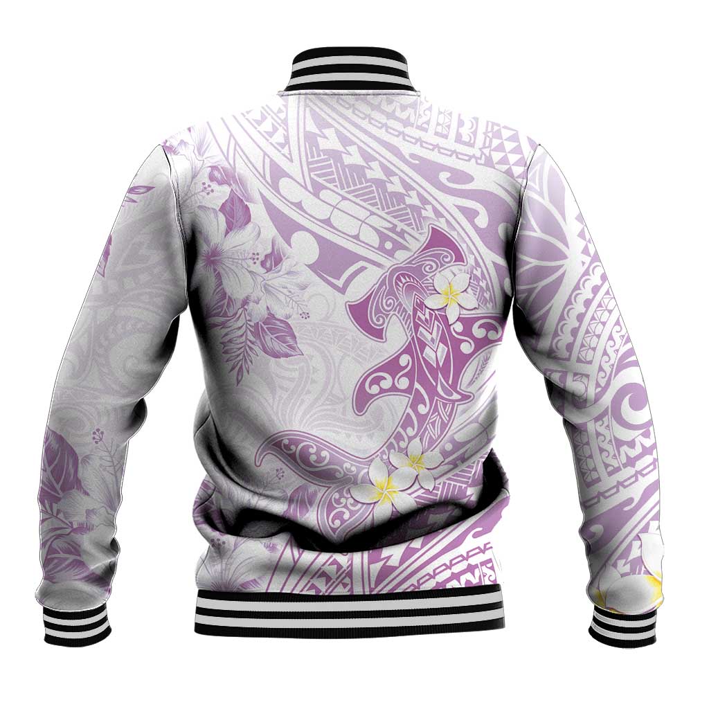 Polynesia Hammerhead Shark Baseball Jacket Tropical Flowers Tribal Pattern Lavender