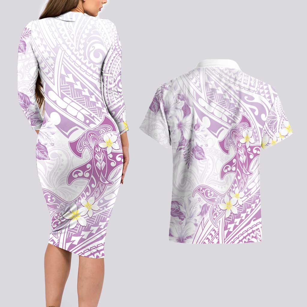 Polynesia Hammerhead Shark Couples Matching Long Sleeve Bodycon Dress and Hawaiian Shirt Tropical Flowers Tribal Pattern Lavender LT05 - Polynesian Pride