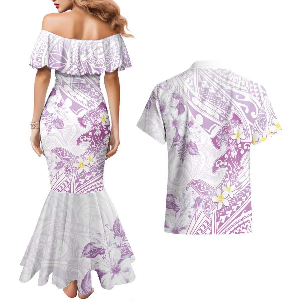 Polynesia Hammerhead Shark Couples Matching Mermaid Dress and Hawaiian Shirt Tropical Flowers Tribal Pattern Lavender