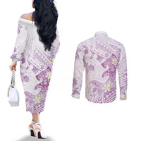 Polynesia Hammerhead Shark Couples Matching Off The Shoulder Long Sleeve Dress and Long Sleeve Button Shirt Tropical Flowers Tribal Pattern Lavender
