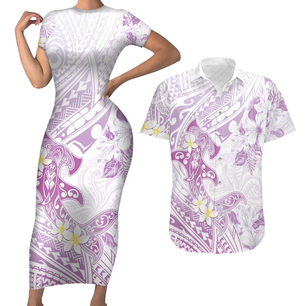 Polynesia Hammerhead Shark Couples Matching Short Sleeve Bodycon Dress and Hawaiian Shirt Tropical Flowers Tribal Pattern Lavender LT05 Purple - Polynesian Pride