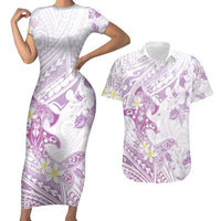 Polynesia Hammerhead Shark Couples Matching Short Sleeve Bodycon Dress and Hawaiian Shirt Tropical Flowers Tribal Pattern Lavender LT05 Purple - Polynesian Pride