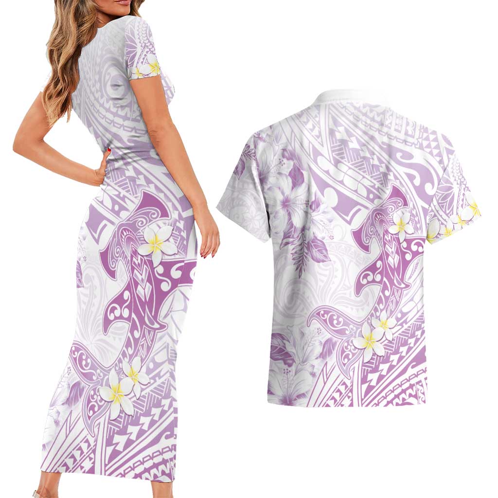 Polynesia Hammerhead Shark Couples Matching Short Sleeve Bodycon Dress and Hawaiian Shirt Tropical Flowers Tribal Pattern Lavender LT05 - Polynesian Pride