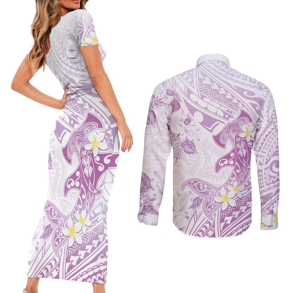 Polynesia Hammerhead Shark Couples Matching Short Sleeve Bodycon Dress and Long Sleeve Button Shirt Tropical Flowers Tribal Pattern Lavender