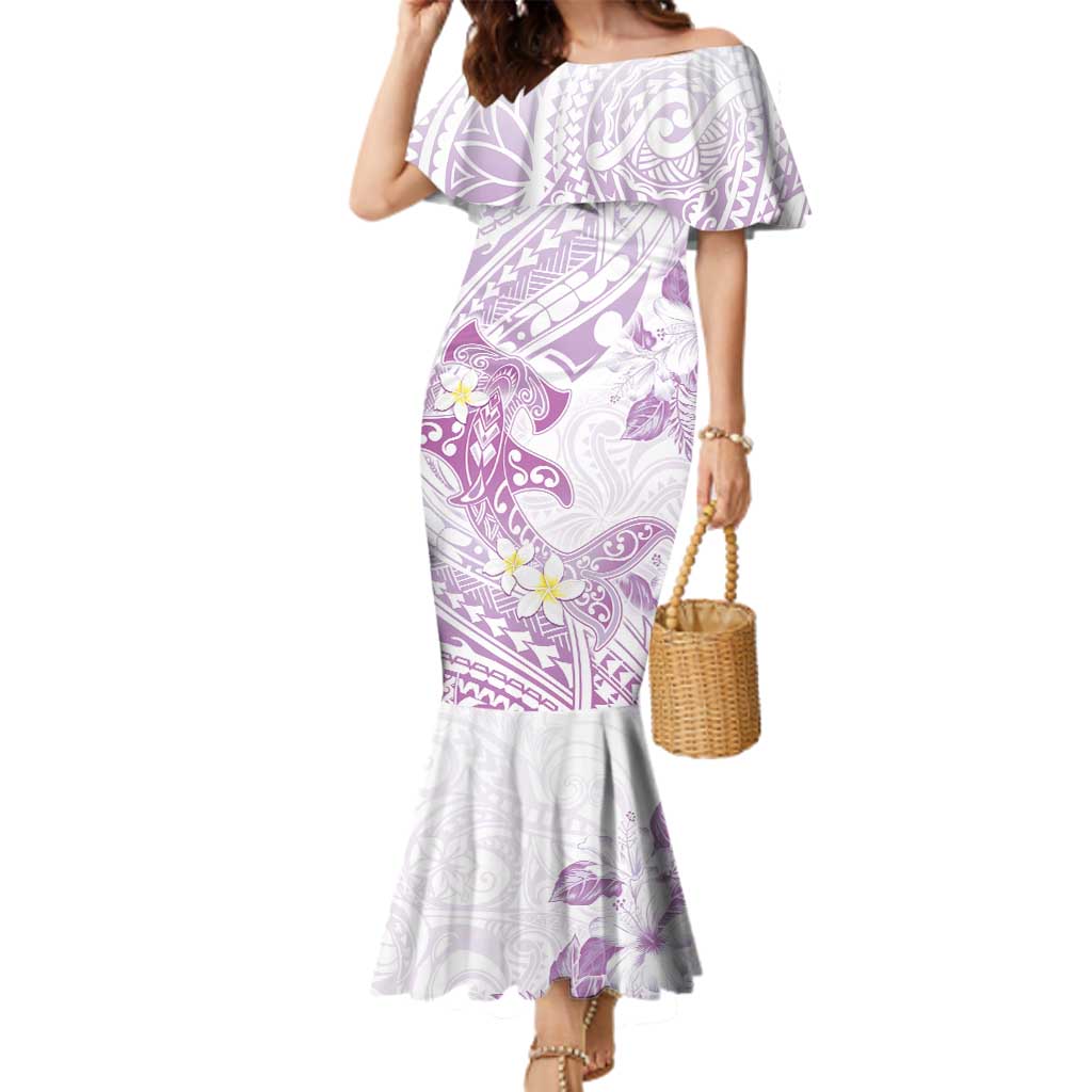 Polynesia Hammerhead Shark Family Matching Mermaid Dress and Hawaiian Shirt Tropical Flowers Tribal Pattern Lavender LT05 Mom's Dress Purple - Polynesian Pride
