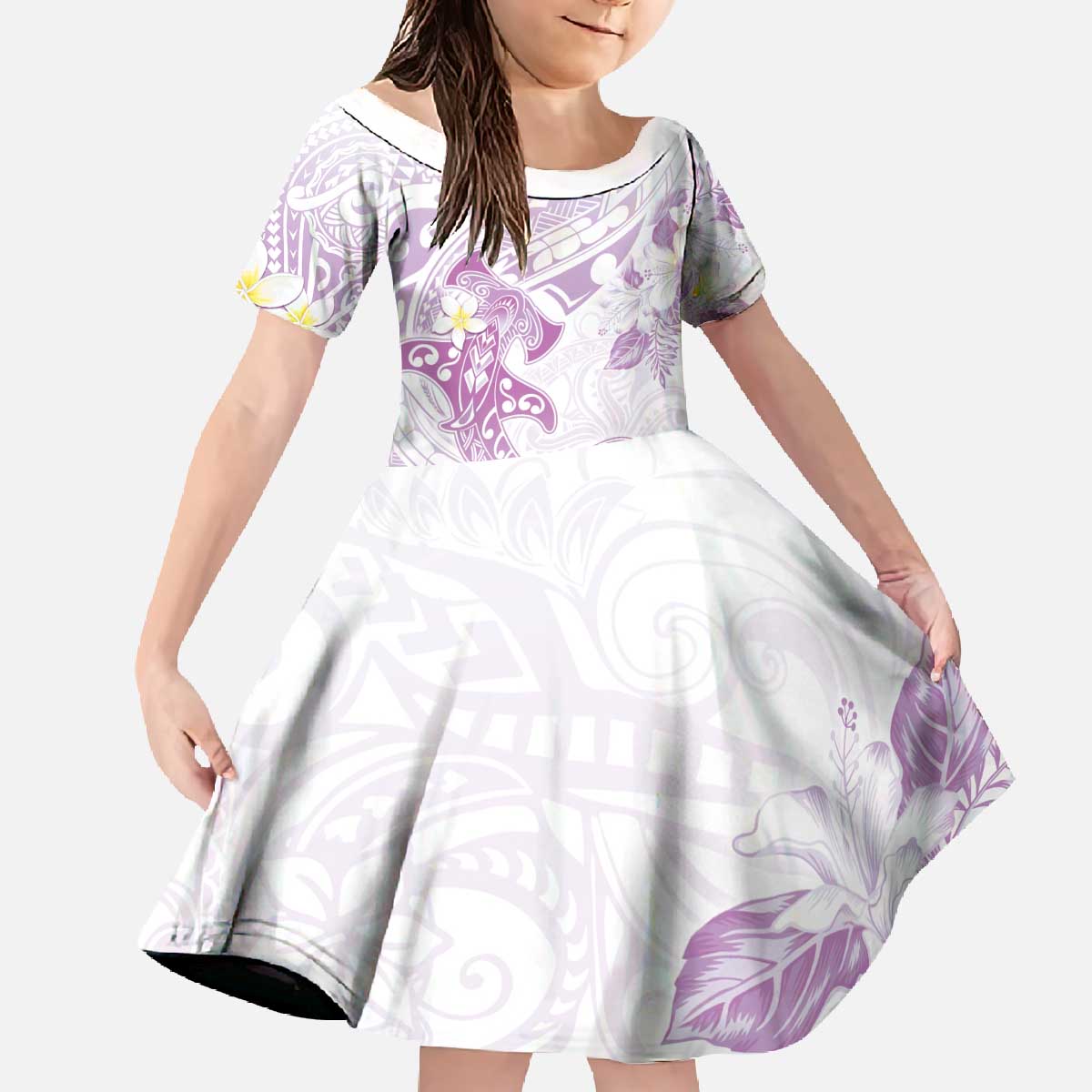 Polynesia Hammerhead Shark Family Matching Off The Shoulder Long Sleeve Dress and Hawaiian Shirt Tropical Flowers Tribal Pattern Lavender LT05 Daughter's Dress Purple - Polynesian Pride