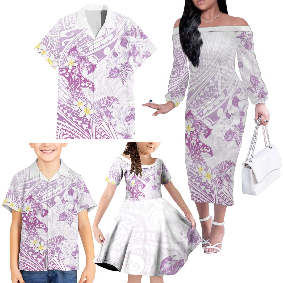Polynesia Hammerhead Shark Family Matching Off The Shoulder Long Sleeve Dress and Hawaiian Shirt Tropical Flowers Tribal Pattern Lavender LT05 - Polynesian Pride