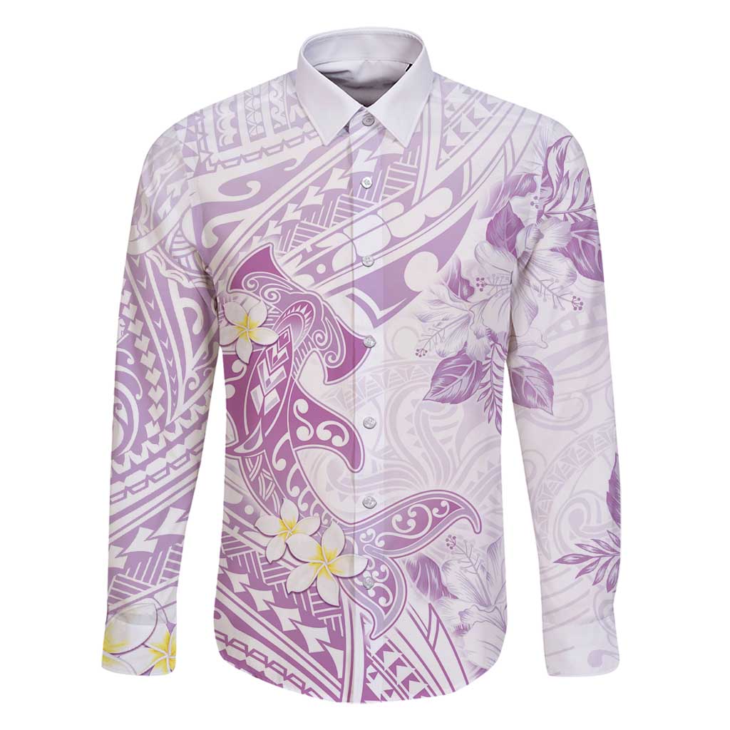 Polynesia Hammerhead Shark Family Matching Off Shoulder Maxi Dress and Hawaiian Shirt Tropical Flowers Tribal Pattern Lavender LT05 Dad's Shirt - Long Sleeve Purple - Polynesian Pride