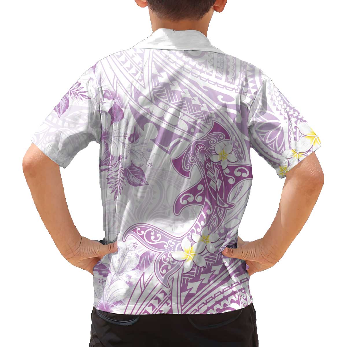 Polynesia Hammerhead Shark Family Matching Off Shoulder Short Dress and Hawaiian Shirt Tropical Flowers Tribal Pattern Lavender
