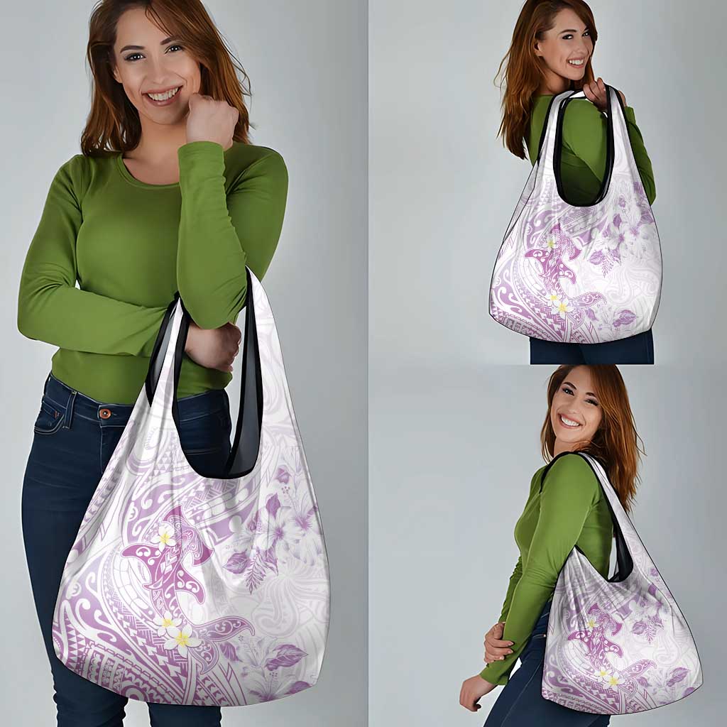 Polynesia Hammerhead Shark Grocery Bag Tropical Flowers Tribal Pattern Lavender