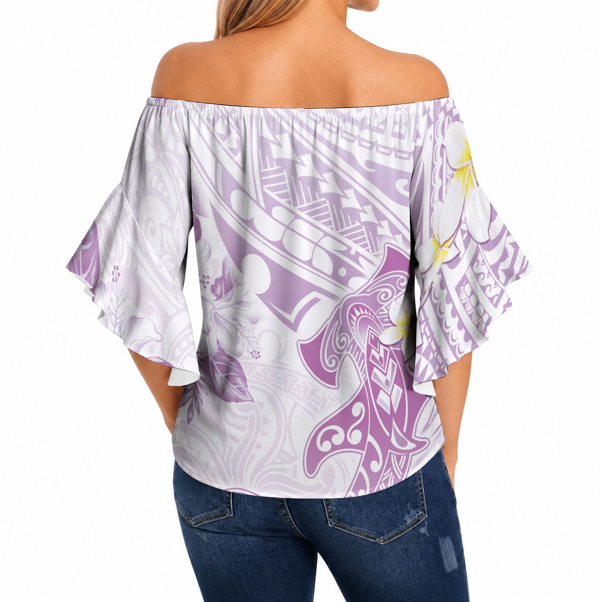 Polynesia Hammerhead Shark Off Shoulder Wrap Waist Top Tropical Flowers Tribal Pattern Lavender LT05 - Polynesian Pride