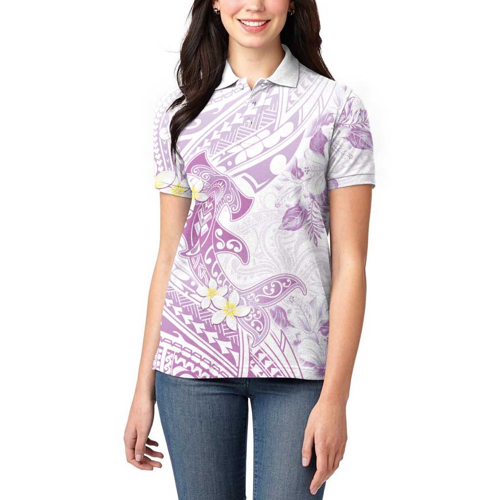 Polynesia Hammerhead Shark Women Polo Shirt Tropical Flowers Tribal Pattern Lavender