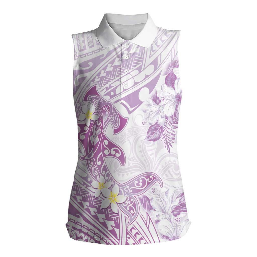 Polynesia Hammerhead Shark Women Sleeveless Polo Shirt Tropical Flowers Tribal Pattern Lavender LT05 Female Purple - Polynesian Pride