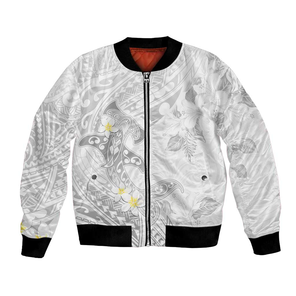 Polynesia Hammerhead Shark Bomber Jacket Tropical Flowers Tribal Pattern White LT05 Unisex White - Polynesian Pride